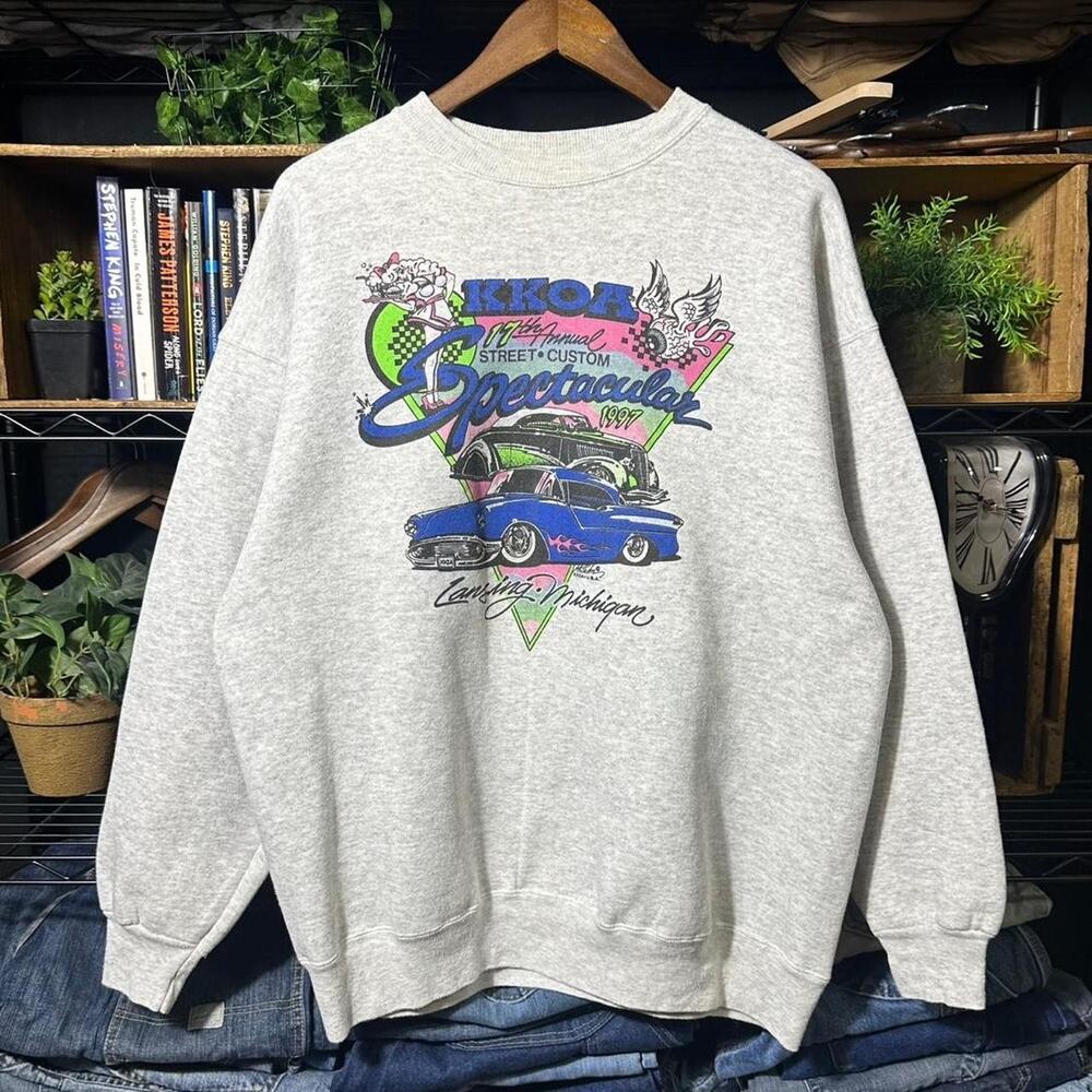 Vintage 90s Michigan Car Show Crewneck Grey Cars Racing Cartoon Sweatshirt XL